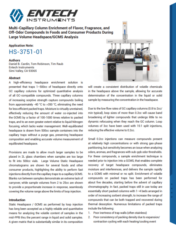 Multi-Capillary Column Enrichment of Flavor, Fragrance, and Off-Odor Compounds In Foods and Consumer Products During Large Volume Headspace/GCMS Analysis